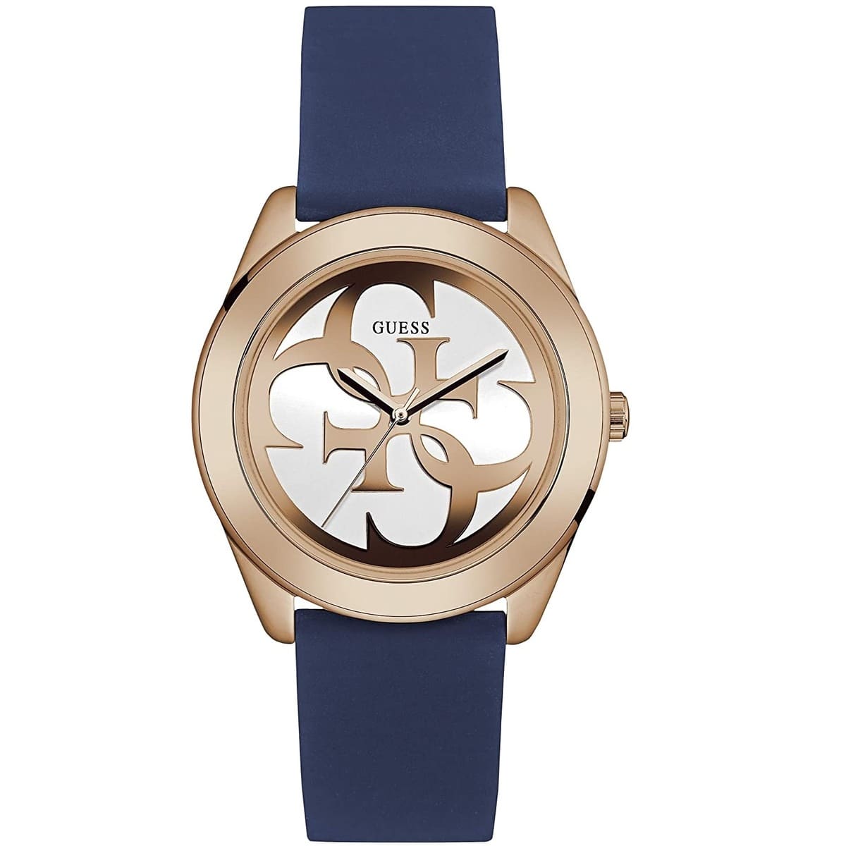 Guess G-Twist W0911L6 ladies watch with rose gold case, silver 4G logo dial, and blue silicone strap