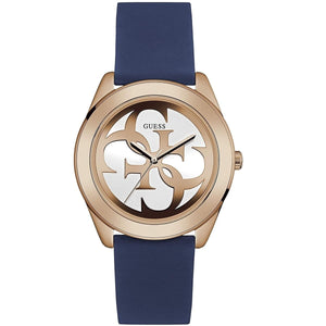 Guess G-Twist W0911L6 ladies watch with rose gold case, silver 4G logo dial, and blue silicone strap