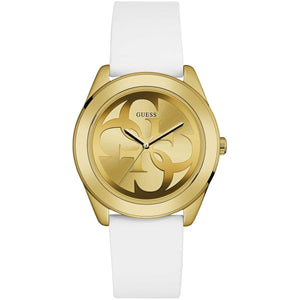 Guess G-Twist W0911L7 ladies watch with gold tone case, champagne logo dial, and white silicone strap
