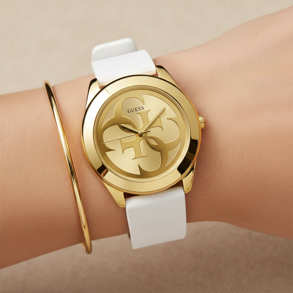 Close up shot of Guess G-Twist W0911L7 watch on wrist showing the interlocking 4G logo and gold hands