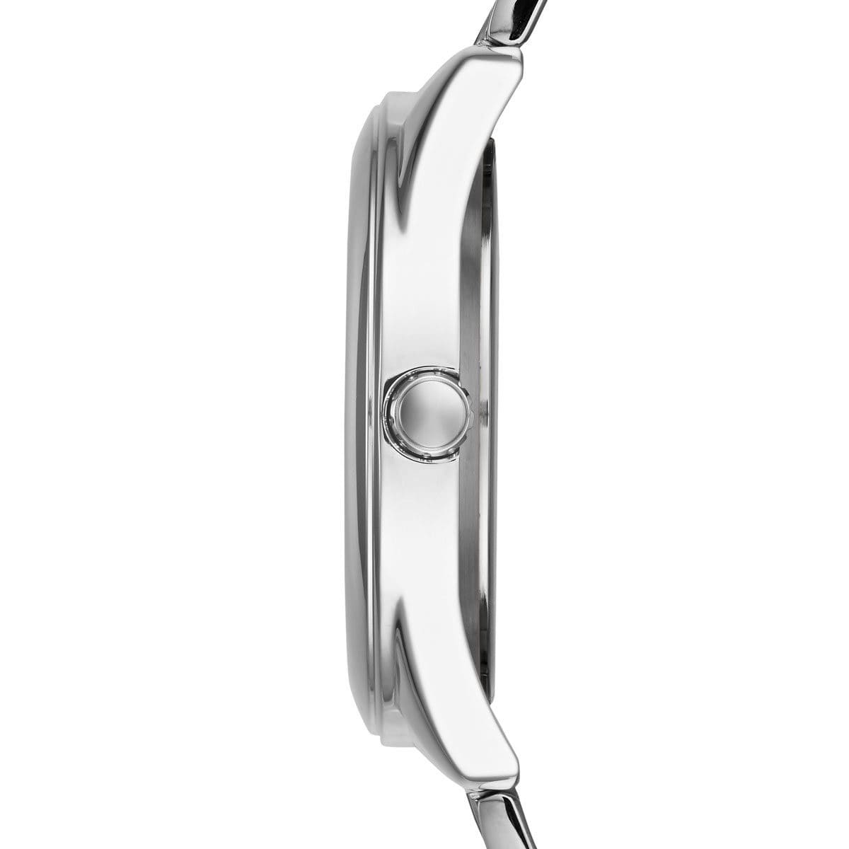 Side profile view of the 11mm thick silver case of the Guess G-Twist watch