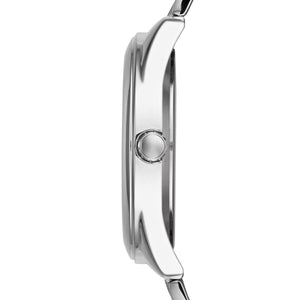 Side profile view of the 11mm thick silver case of the Guess G-Twist watch