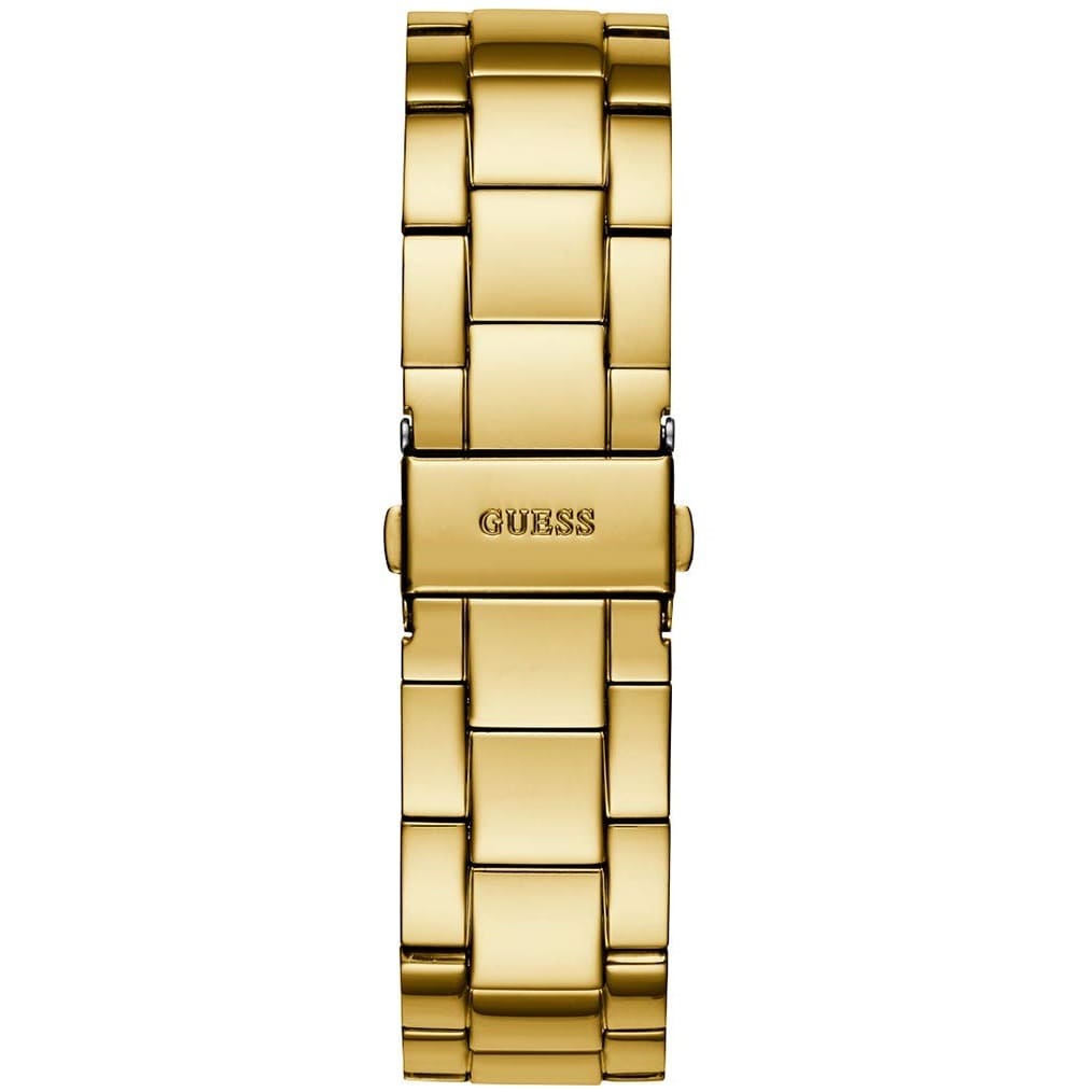 Gold stainless steel deployment clasp with Guess logo on the bracelet of the W1082L2