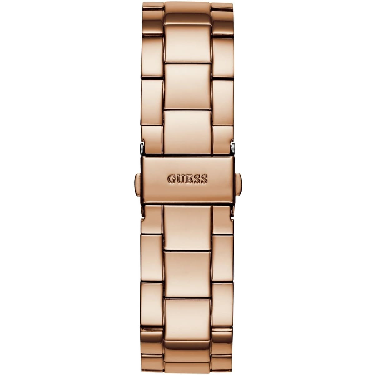 Rose gold stainless steel deployment clasp with Guess logo on the bracelet of the W1082L3