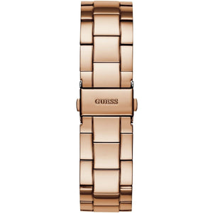 Rose gold stainless steel deployment clasp with Guess logo on the bracelet of the W1082L3