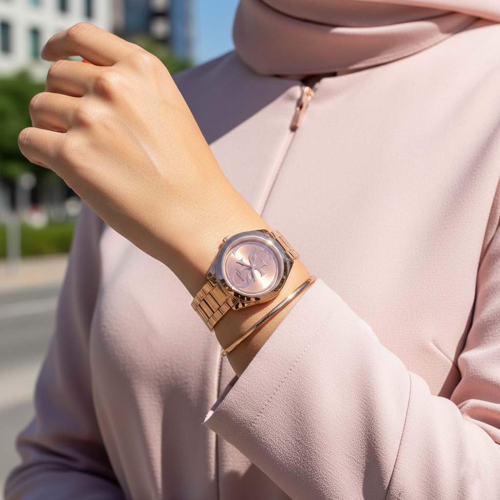 Woman wearing Guess G-Twist W1082L3 rose gold watch with a chic outfit