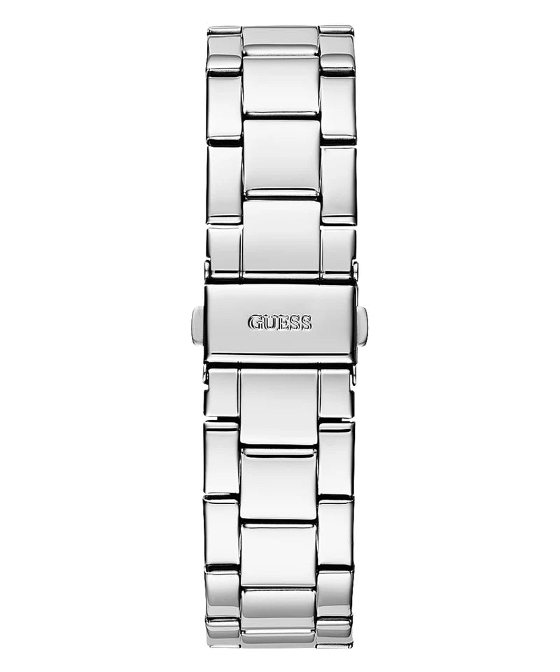Silver stainless steel deployment clasp with Guess logo on the bracelet of the W1201L1