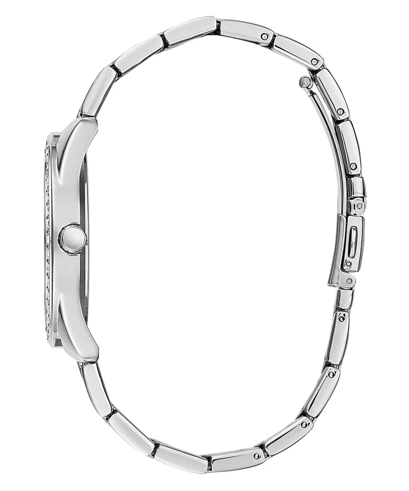 Side profile view of the 10mm thick silver tone case of the Guess G Twist