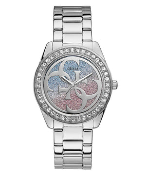 Guess G Twist W1201L1 ladies watch with silver tone case, crystal bezel and multicolor glitter dial