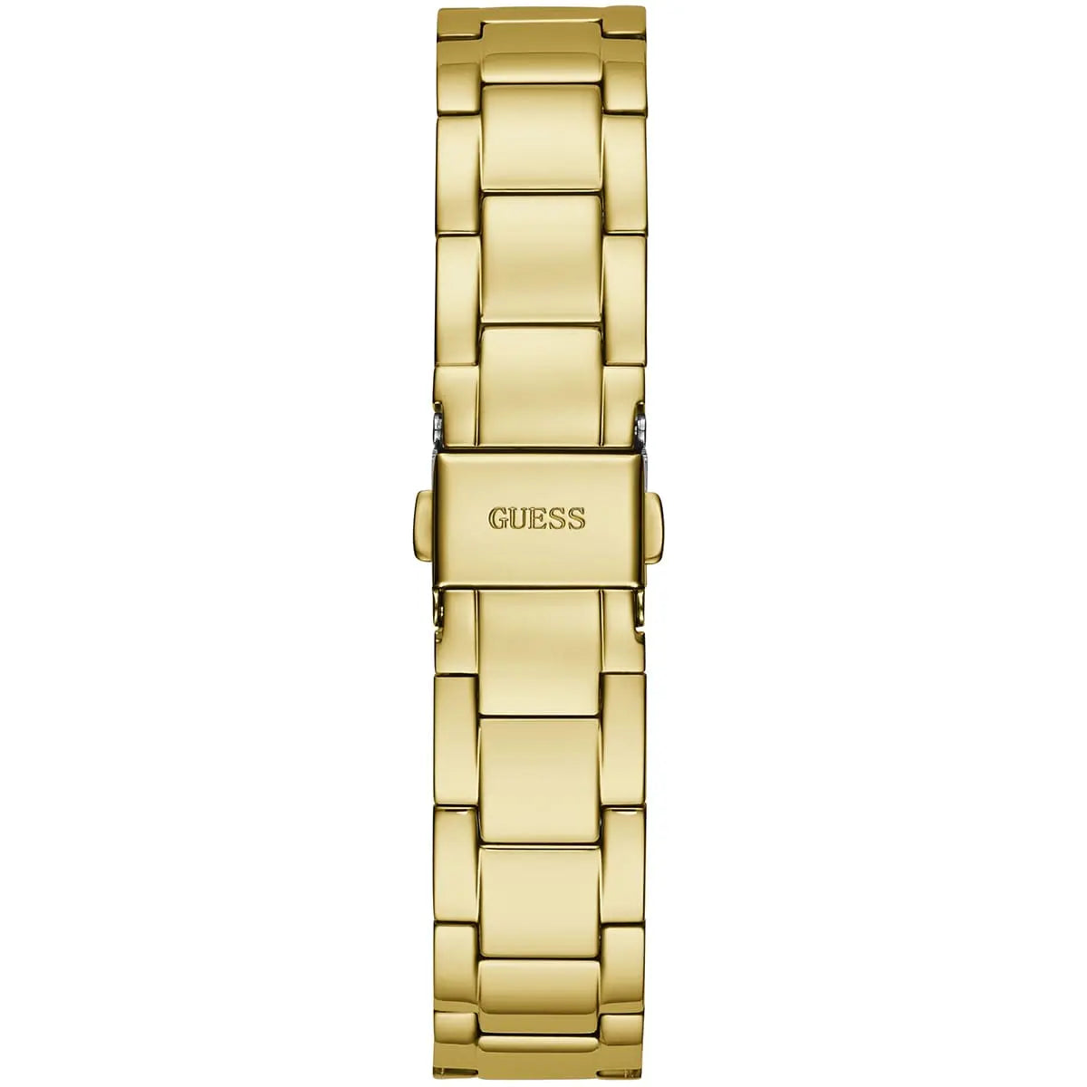 Gold tone stainless steel deployment clasp with Guess logo on the bracelet of the W1201L2