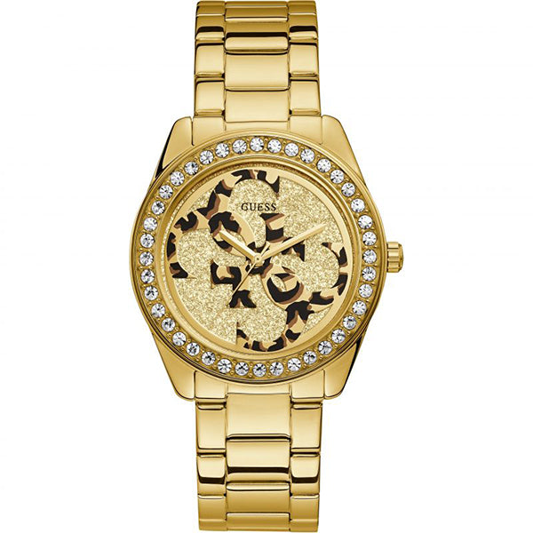 Guess G Twist W1201L2 ladies watch with gold tone case, crystal bezel and gold glitter dial