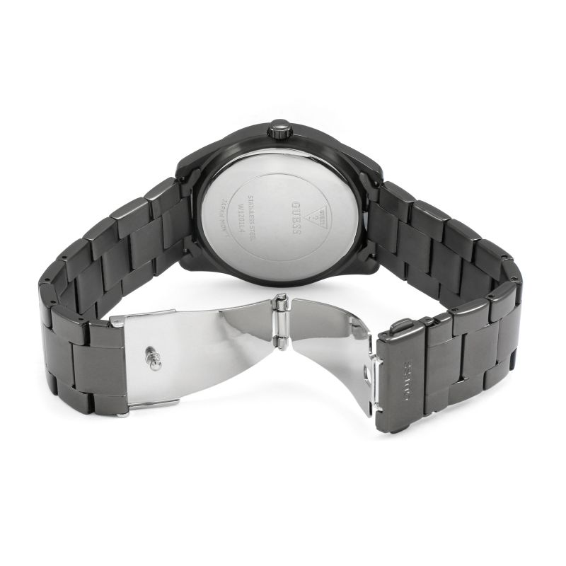 Gunmetal stainless steel deployment clasp with Guess logo on the bracelet of the W1201L4