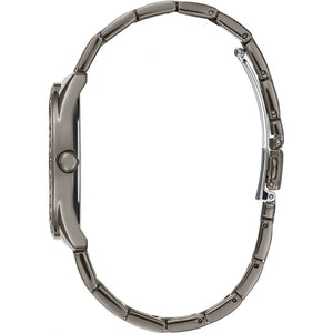 Angled view of the Guess W1201L4 highlighting the polished gunmetal stainless steel case and crystals