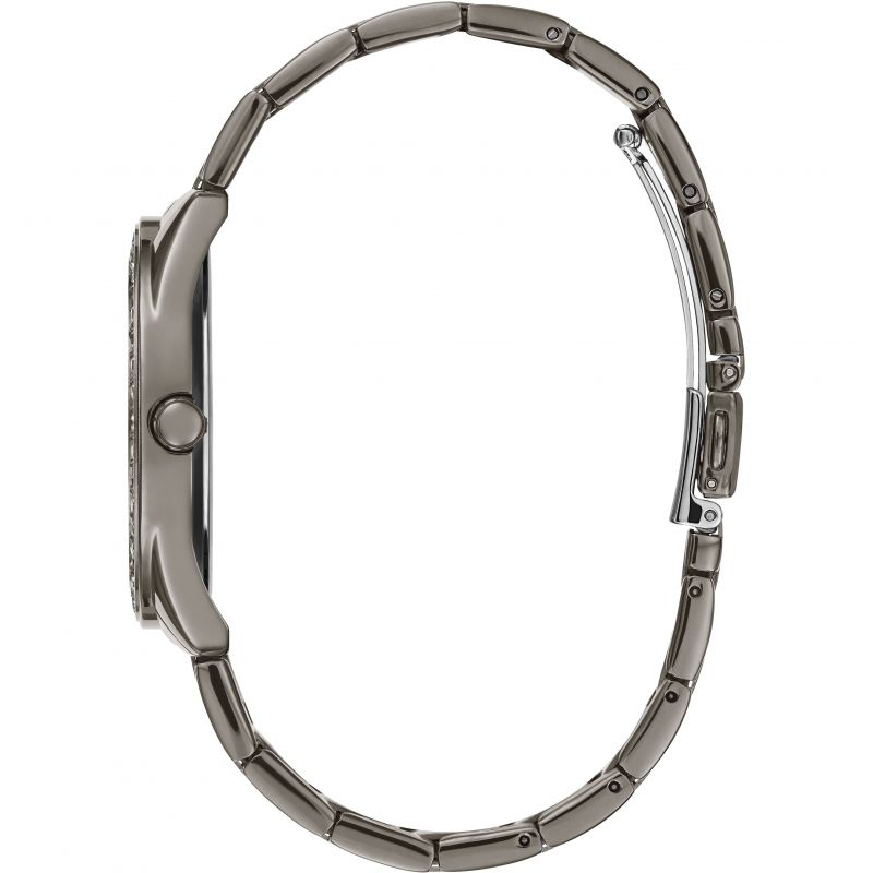Angled view of the Guess W1201L4 highlighting the polished gunmetal stainless steel case and crystals