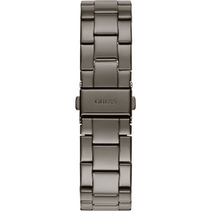 Gunmetal stainless steel deployment clasp with Guess logo on the bracelet of the W1201L4