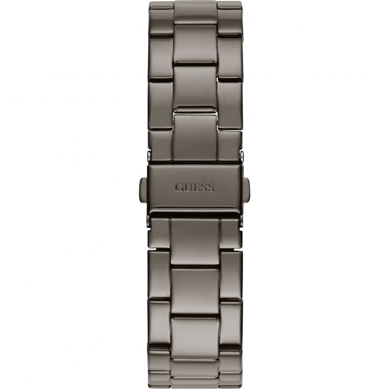 Gunmetal stainless steel deployment clasp with Guess logo on the bracelet of the W1201L4