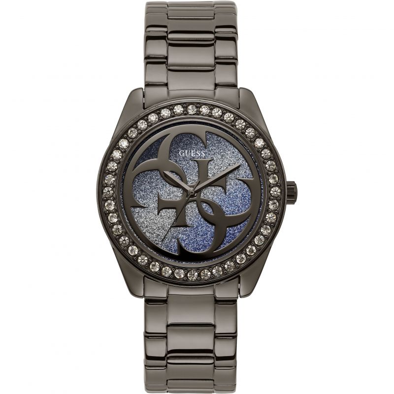 Guess G Twist W1201L4 ladies watch with gunmetal case, crystal bezel and purple glitter dial