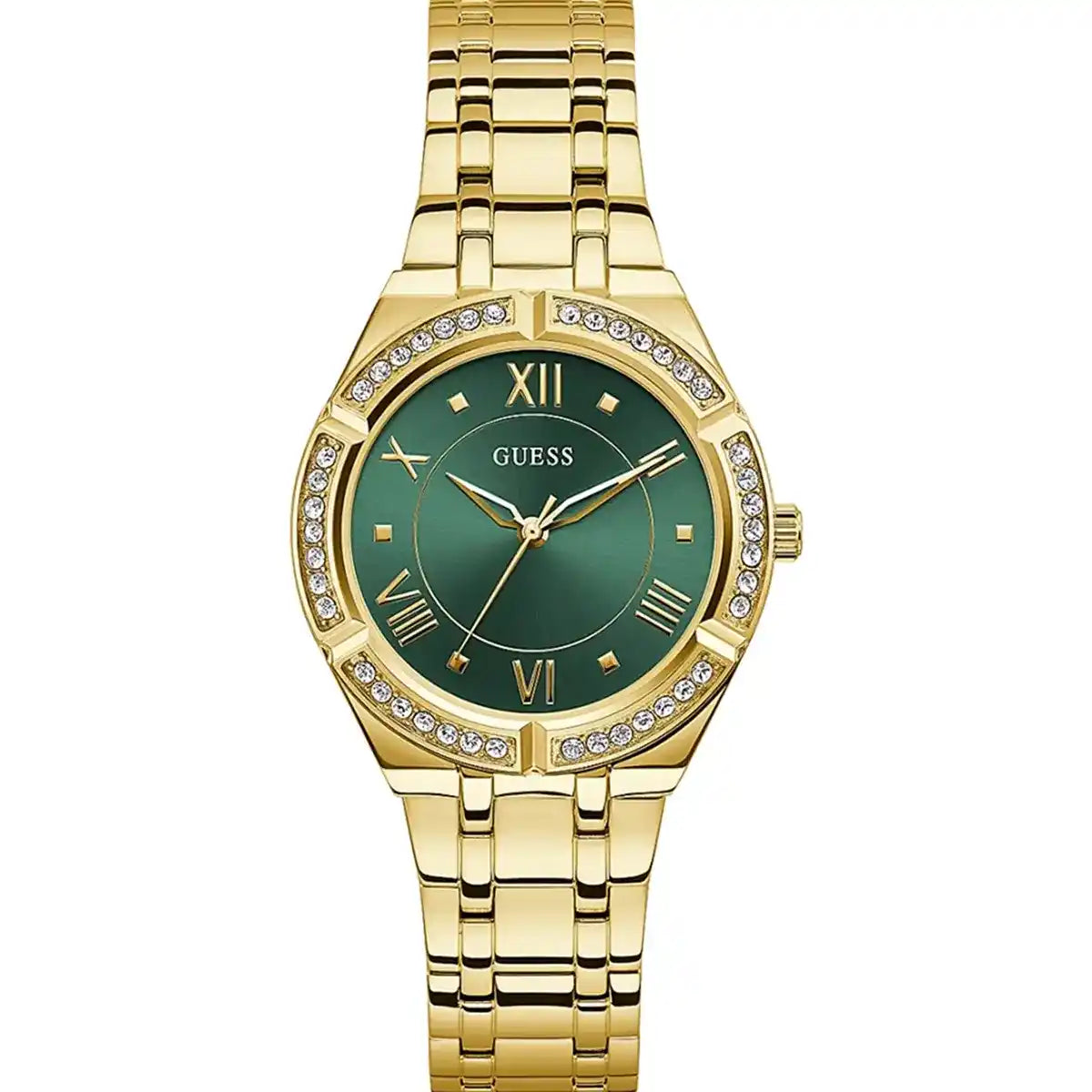 Guess Cosmo GW0033L8 women's watch with gold case and green sunray dial