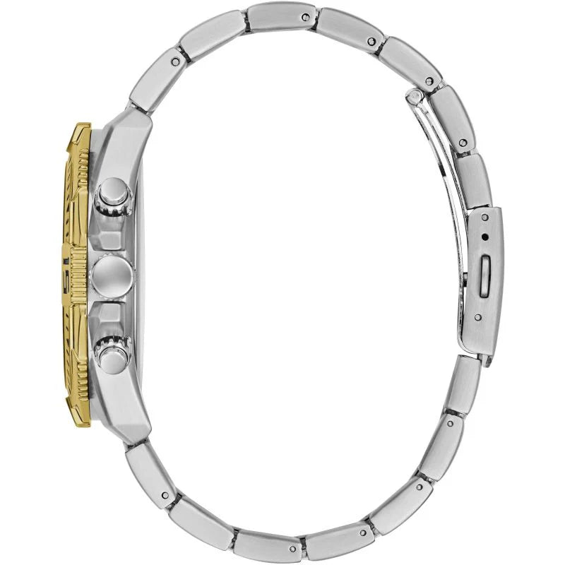 Left side perspective of the Guess GW0056G4 highlighting the two-tone stainless steel link bracelet
