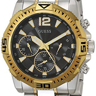 Angled view of Guess GW0056G4 showing the gold sport bezel and silver case profile