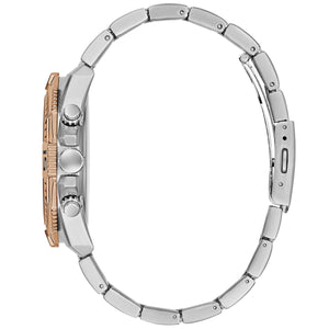 Angled view of Guess GW0056G5 showing the rose gold sport bezel and silver case profile