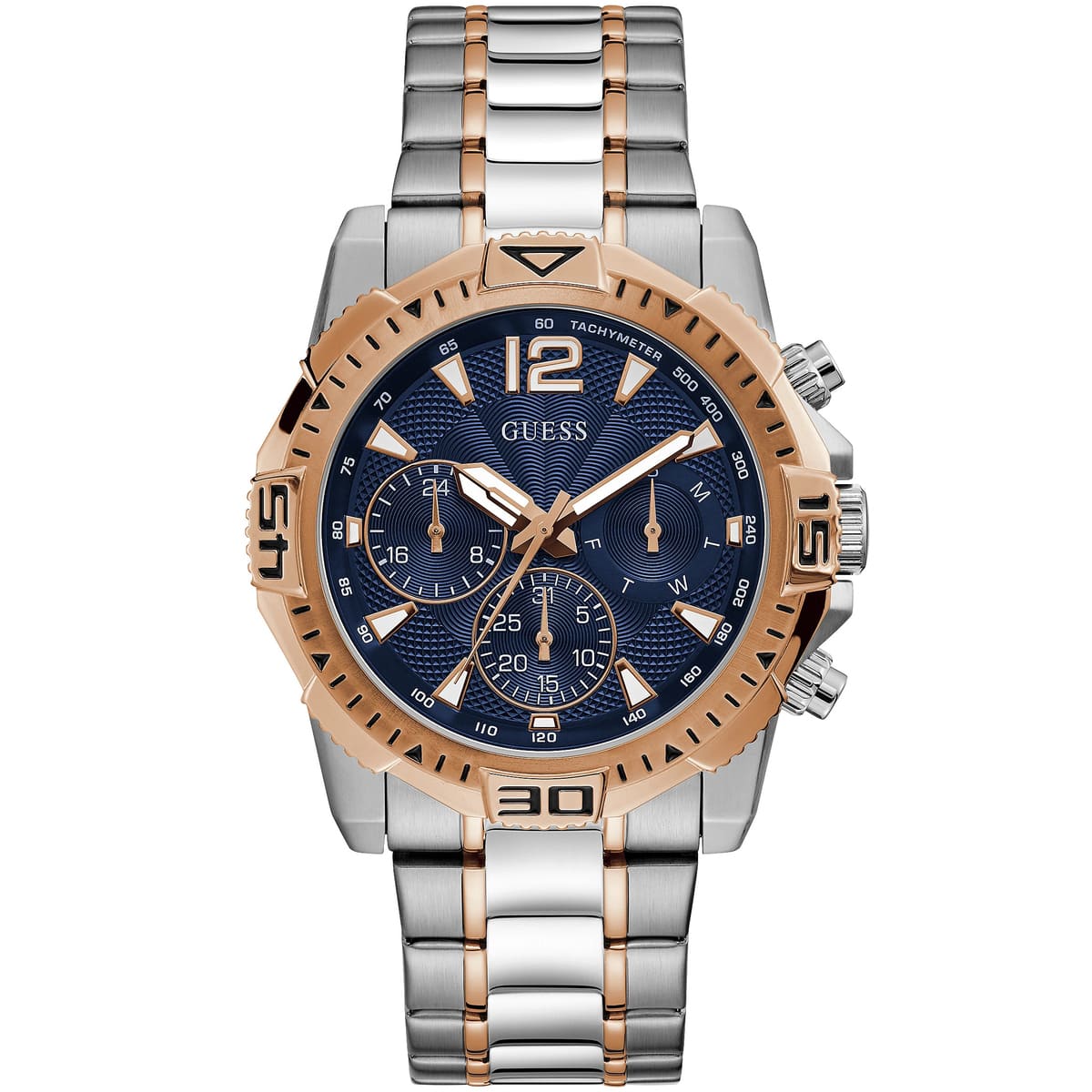 Guess Commander GW0056G5 men's watch with two-tone silver and rose gold stainless steel bracelet and blue dial