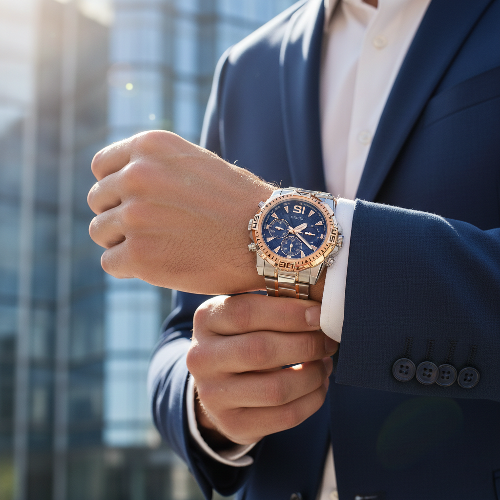 Male model wearing Guess GW0056G5 two-tone watch with a business casual outfit