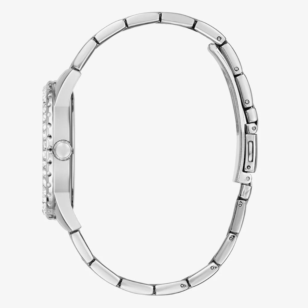 Detailed side view of the silver crown on the Guess GW0111L1