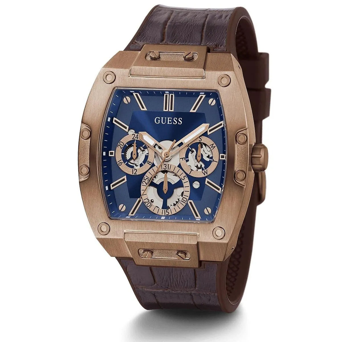 Angled view of the Guess GW0202G2 showing the rose gold barrel shape and screws