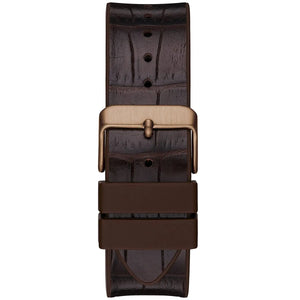 Detail of the brown croc-texture leather strap and buckle on Guess GW0202G2