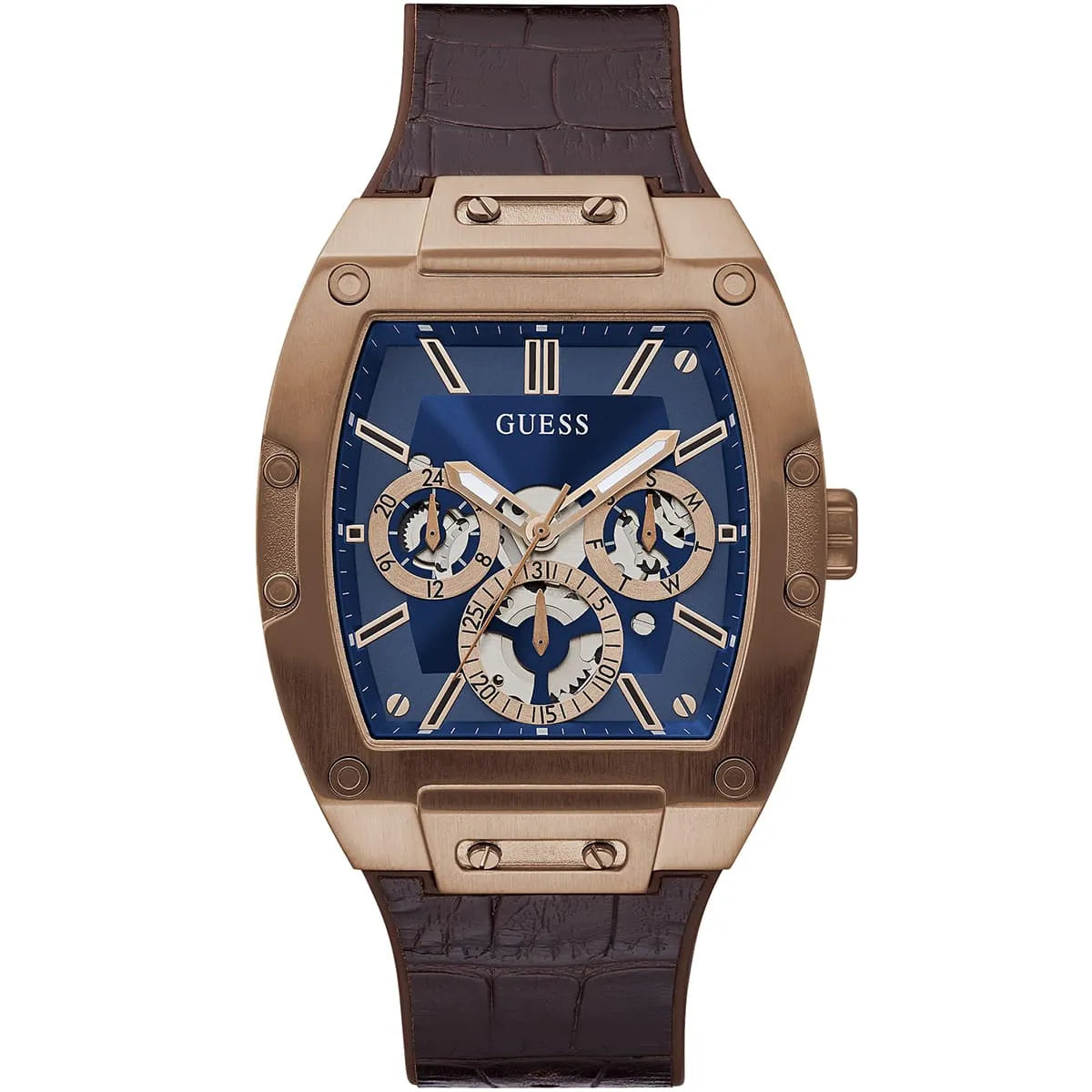 Guess Phoenix GW0202G2 men's watch with rose gold tonneau case and brown leather strap