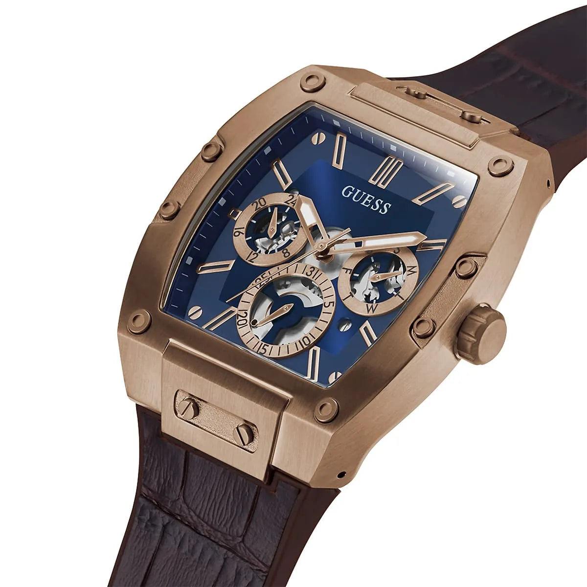 Angled view of the Guess GW0202G2 showing the rose gold barrel shape and screws
