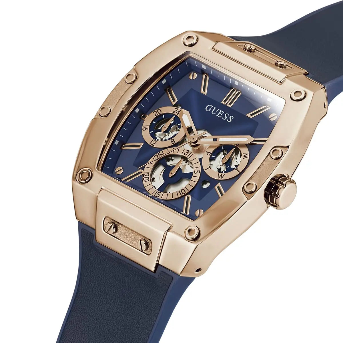 Angled view of the Guess GW0202G4 showing the rose gold barrel shape and screws