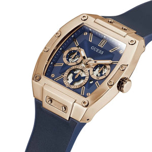 Angled view of the Guess GW0202G4 showing the rose gold barrel shape and screws