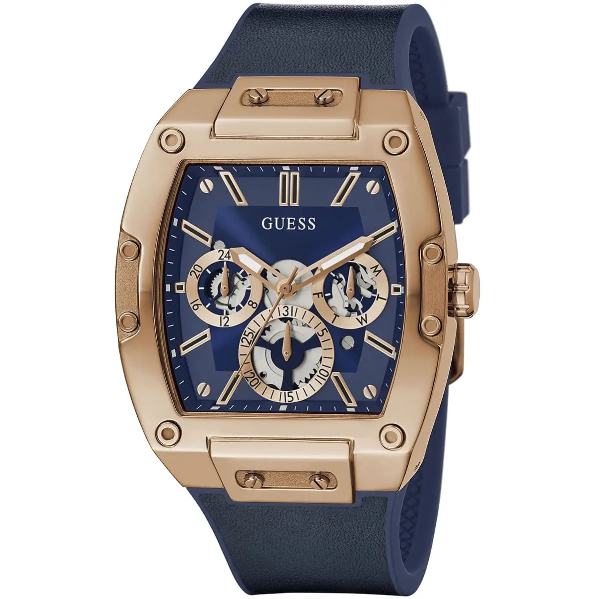 Close-up of Guess Phoenix GW0202G4 showing the blue dial with skeleton-inspired details