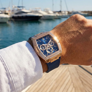 Close-up of Guess Phoenix GW0202G4 showing the blue dial with skeleton-inspired details