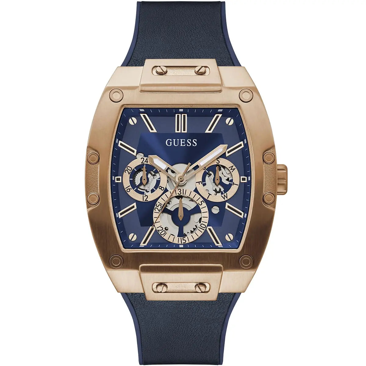 Guess Phoenix GW0202G4 men's watch with rose gold tonneau case and blue silicone strap