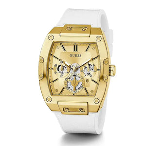 Angled profile of Guess GW0202G6 highlighting the gold-tone bezel screws