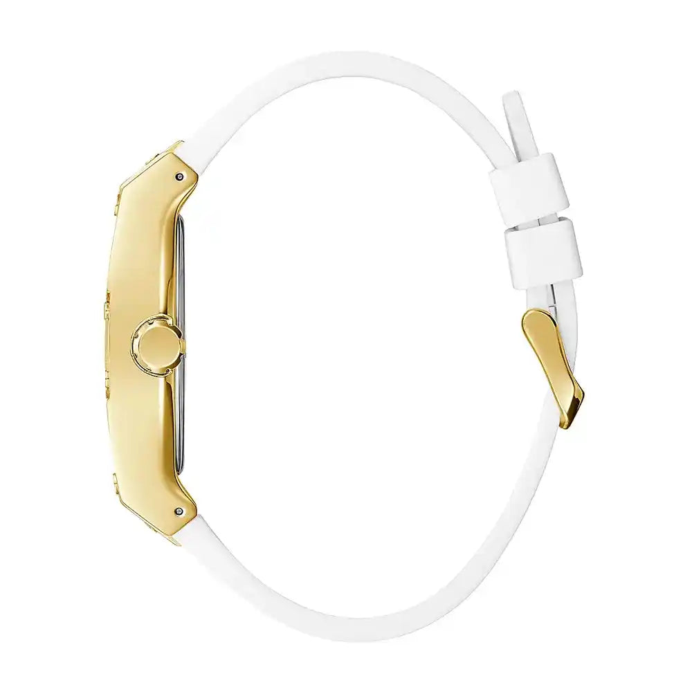 Left side view of the polished gold-tone stainless steel case of Guess GW0202G6