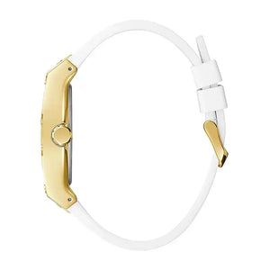 Left side view of the polished gold-tone stainless steel case of Guess GW0202G6