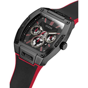 Left side perspective of the Guess GW0202G7 highlighting the two-tone black and red rubber strap