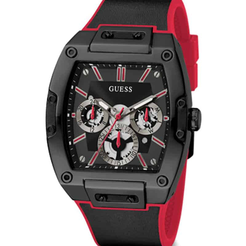 Angled view of Guess GW0202G7 showing the black case and red details