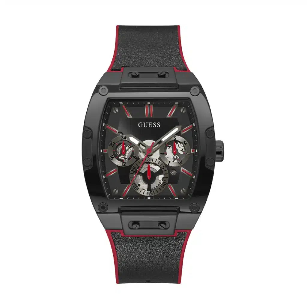 Guess Phoenix GW0202G7 men's watch with black barrel case and red accents
