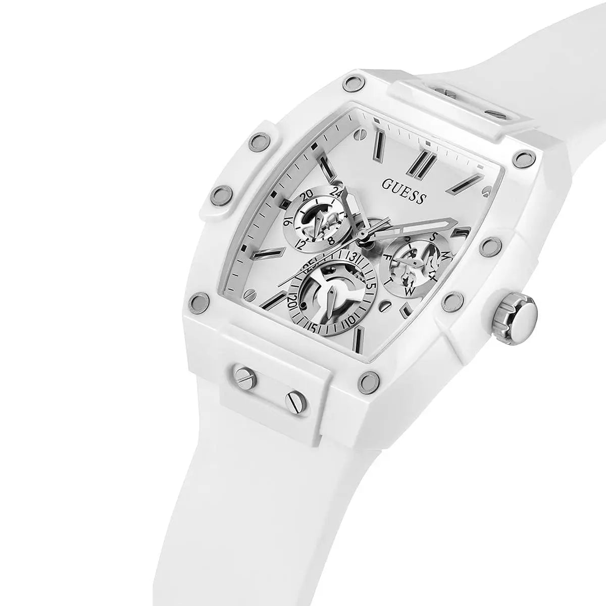 Left side perspective of the Guess GW0203G2 highlighting the durable white rubber strap