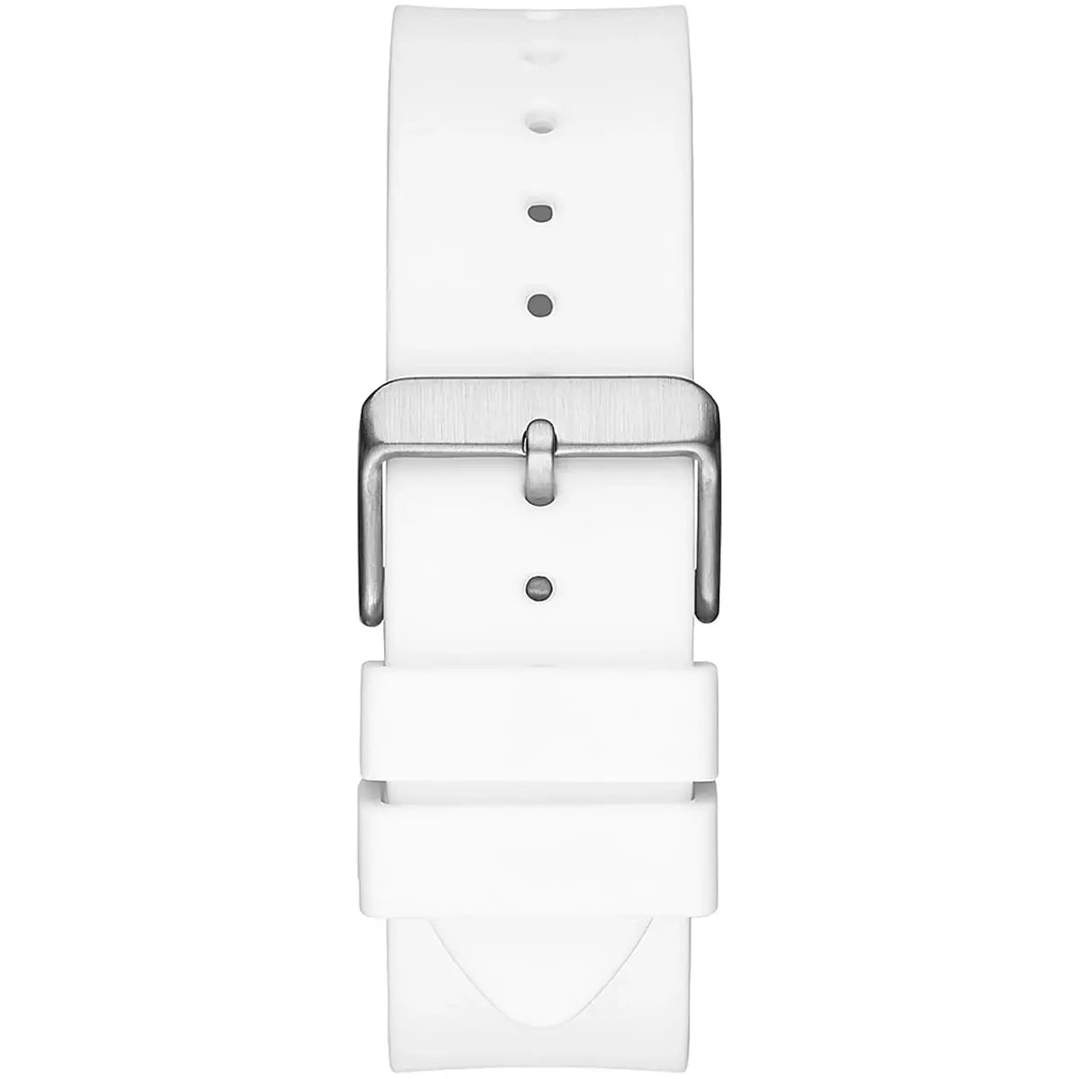 Silver-tone pin buckle on the white rubber strap of the Guess GW0203G2