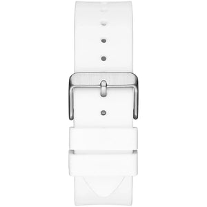 Silver-tone pin buckle on the white rubber strap of the Guess GW0203G2