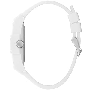 Detailed side view of the silver crown on the Guess GW0203G2 white case