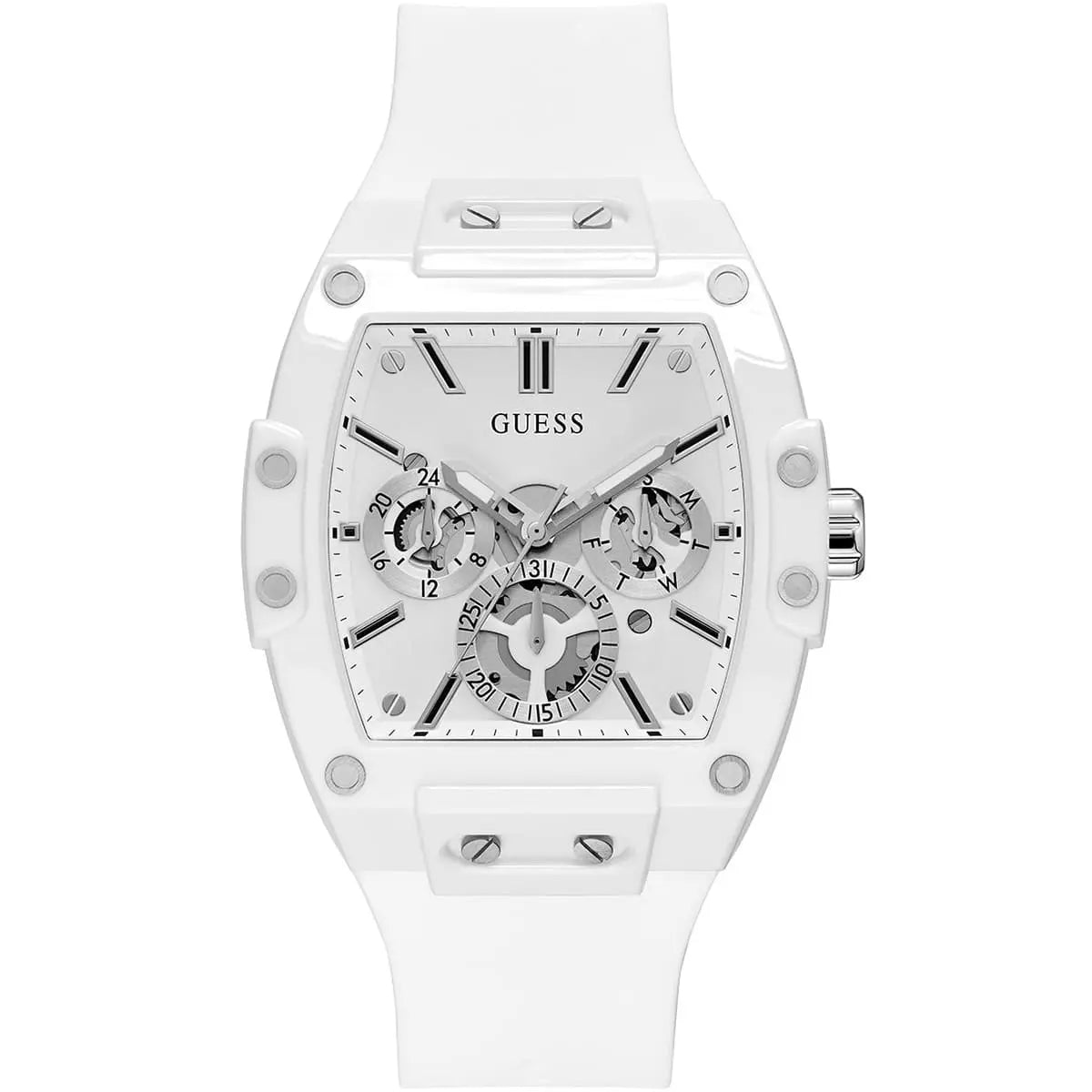 Guess Phoenix GW0203G2 men's watch with white rubber barrel case and skeleton dial