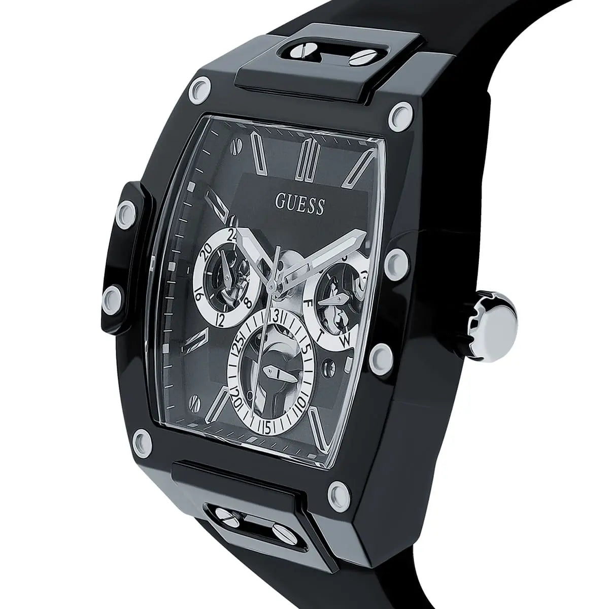 Angled view of Guess GW0203G3 showing the black rubber case and silver bezel screws