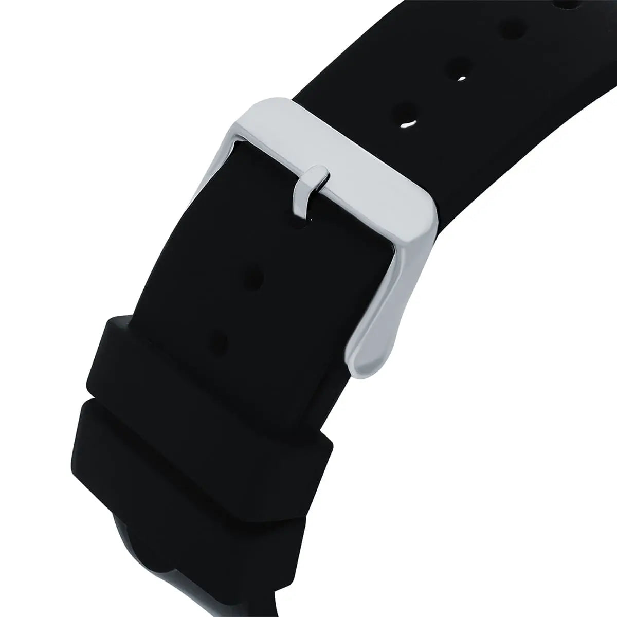 Black pin buckle on the black rubber strap of the Guess GW0203G3